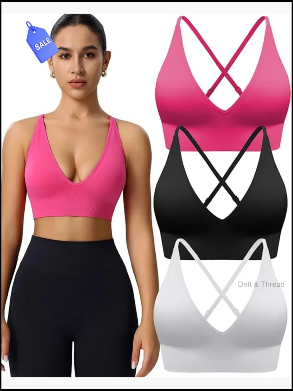 3 Pack Adjustable Deep V Neck Sports Bras Wireless Spaghetti Strap Criss Cross
